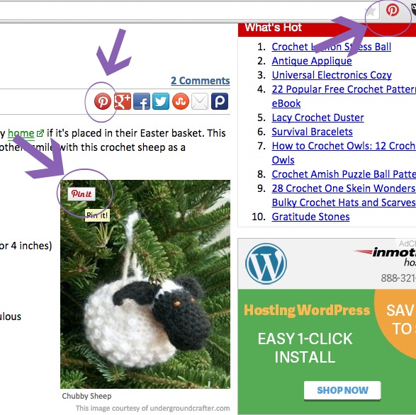 Most websites offer two ways to Pin content. Hover over the image until a "Pin It" button appears or use a social sharing button. You can also add a Pin It button to most browsers.