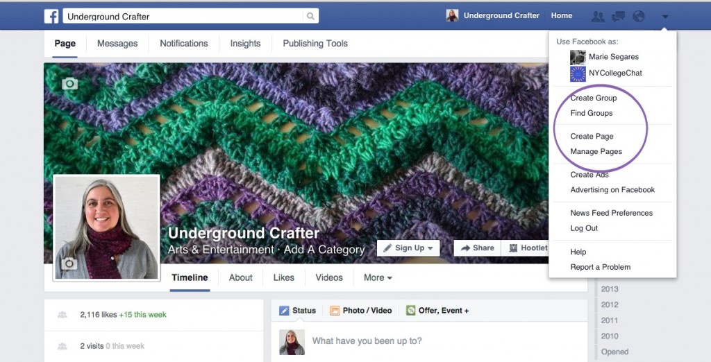 Select the arrow in the upper right corner to create a Page or a Group.